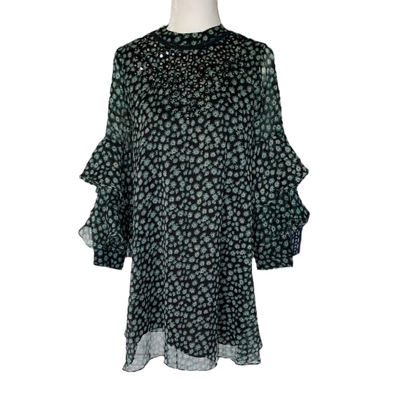 Anthro Ranna Gill Floral Mirror Sequin Flutter Ruffle Sleeve Tunic Mini Dress XS - Picture 4 of 16